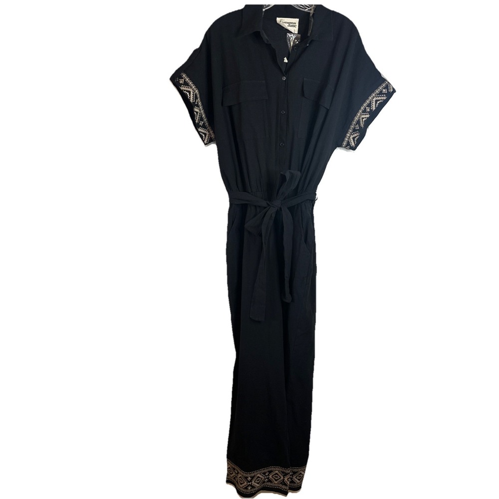Savanna Jane Blk Embroidered Jumpsuit Belted Button Southwestern Boho Cotton 1X